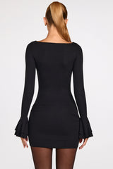 Ribbed Modal Long-Sleeve Draped Mini Dress in Black