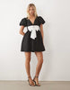 Sister Jane Bordeaux Exclusive Jacquard V-Neck Puff Sleeve Mini Dress With Contrast Bow In Black