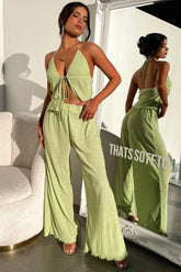 Prisha Wide Leg Plisse Pants - Green