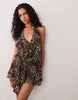 Tiger Mist Indigo 2.0 Halterneck Drape Tie Side Multiway Chiffon Mini Dress In Leopard Print