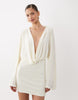 Sndys Premium Jersey Deep Cowl Neck Flared Sleeve Mini Dress In Off White