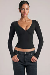 V-Neck Long-Sleeve Top in Black