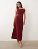 Crepe Fallen Shoulder Maxi Dress With Ruched Skirt Detail In Wine