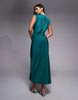 Satin High Neck Pleated Bodice Midi Dress In Teal