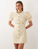 Sister Jane Anemone Exclusive Jacquard Round Neck Puff Sleeve Mini Dress In Butter Yellow