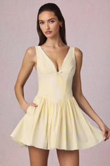 Bow-Detail A-Line Mini Dress in Lemon Yellow Stripe