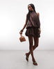 Halter Neck Layered Bubble Satin Mini Dress In Chocolate