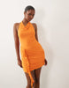 High Neck Cowl Draped Slinky Mini Dress With Flowing Ruffle In Orange