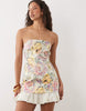 Cotton Sateen Bandeau Mini Sundress With Ruffle Hem In Buttermilk Vintage Floral