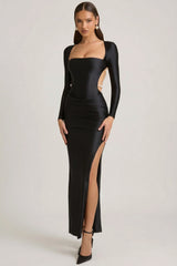 Pearl-Detail Cut-Out Maxi Dress in Black