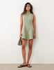 Twill Funnel Neck Seamed Mini Dress In Washed Olive