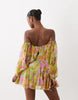 Blouson Mini Dress With Split Sleeve And Volume Godet Skirt In Floral Print