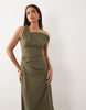 Crepe Fallen Shoulder Maxi Dress With Ruched Skirt Detail In Khaki