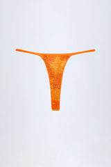 Embellished Thong Bikini Bottoms in Orange Tropical Print