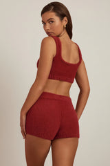 Fluffy Knit Mid-Rise Mini Shorts in Ruby Red