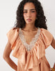 V Neck Satin Ruffle Mini Dress With Lace Trim In Peach