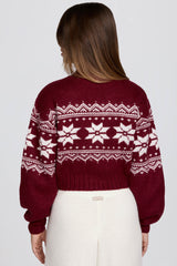 Jacquard-Knit Cropped Jumper in Crimson Red