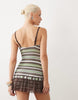 Tiger Mist Celia Strappy Lace Hem Tie Waist Detail Mini Dress In Chocolate And Green Stripe