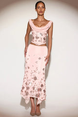 Embellished Mid-Rise Hanky-Hem Midaxi Skirt in Pink