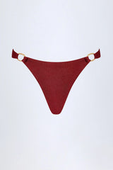 Hardware-Detail Thong Bikini Bottoms in Dark Cherry