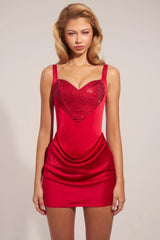 Premium Satin Sweetheart-Neck A-Line Mini Dress in Rose Red