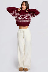 Knit Mid-Rise Wide-Leg Joggers in Ivory