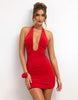 Oh Polly Plunge Halter Neck Ruched Detail Mini Dress In Red