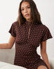 Cap Sleeve With Tie Detail Mini Dress In Brown And Ivory Polka Dot Print