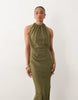 Tall Draped Halter Neck Maxi Dress With Knot Back Detail In Khaki
