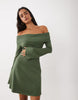 Kaiia Exclusive Knitted Extreme Foldover Bardot Flare Sleeve Mini Dress In Khaki