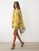 Printed Mesh Floral Dropped Waist Blouson Tie Neck Mini Dress In Chartreuse
