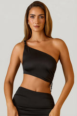 Ruched Asymmetric Crop Top in Black