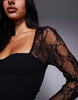 Mini Dress With Cutaway Lace Long Sleeves In Black
