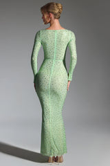 Embellished Long-Sleeve Fishtail Maxi Dress in Pistachio