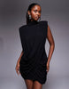 Ruched & Ready Sculpting High Neck Padded Shoulder Detail Extreme Drape Front Mini Dress In Black
