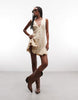 V Neck Mini Button Down Mini Dress With Lace Trims And Godets In Antique Cream