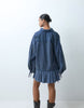 Hybrid Cord Shirt Mini Dress With Balloon Sleeve And Voile Hem In Washed Denim Blue