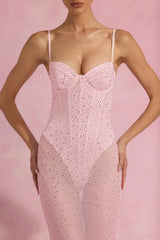 Semi-Sheer Embellished Corset Gown in Pink
