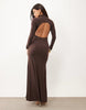 Maxi High Neck Slinky Dress With Lace Trim Open Back Detail In Chocolate