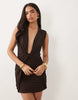 Plunge Draped Mesh Mini Dress With Knot Detail In Brown