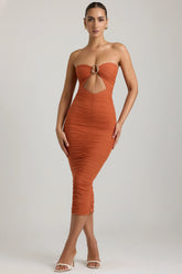 Ruched Hardware Detail Strapless Midaxi Dress in Burnt Orange