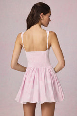 Bow-Detail A-Line Mini Dress in Soft Mauve Stripe