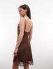 Monki Lace Detail Satin Slip Mini Dress In Chocolate Brown