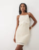Mango Cotton Rich Knitted Halterneck Mini Dress With Statement Flower In Beige