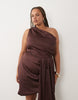Tfnc Plus Satin One Shoulder Drape Detail Mini Dress In Chocolate