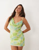 The Frolic Exclusive Chiffon Asymmetric Cowl Neck Mini Dress In Multi Abstract