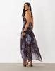 Mesh Halter Keyhole High Low Maxi Dress In Purple Floral Print