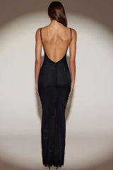 Sheer Embellished Backless Maxi Dress in Black