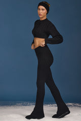 Cable Knit Foldover Flared Trousers in Black