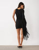 One Shoulder Floral Devore Mini Dress With Fringe Detail In Black